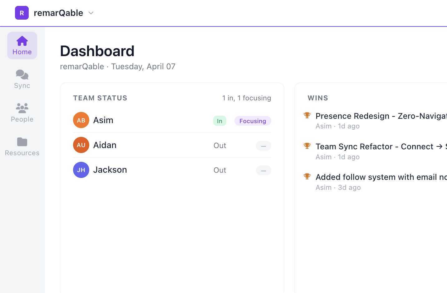 sparQ dashboard showing team status