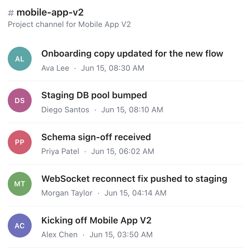 sparQ Pulse project channel: posts for a project stay in one place instead of scrolling past in chat