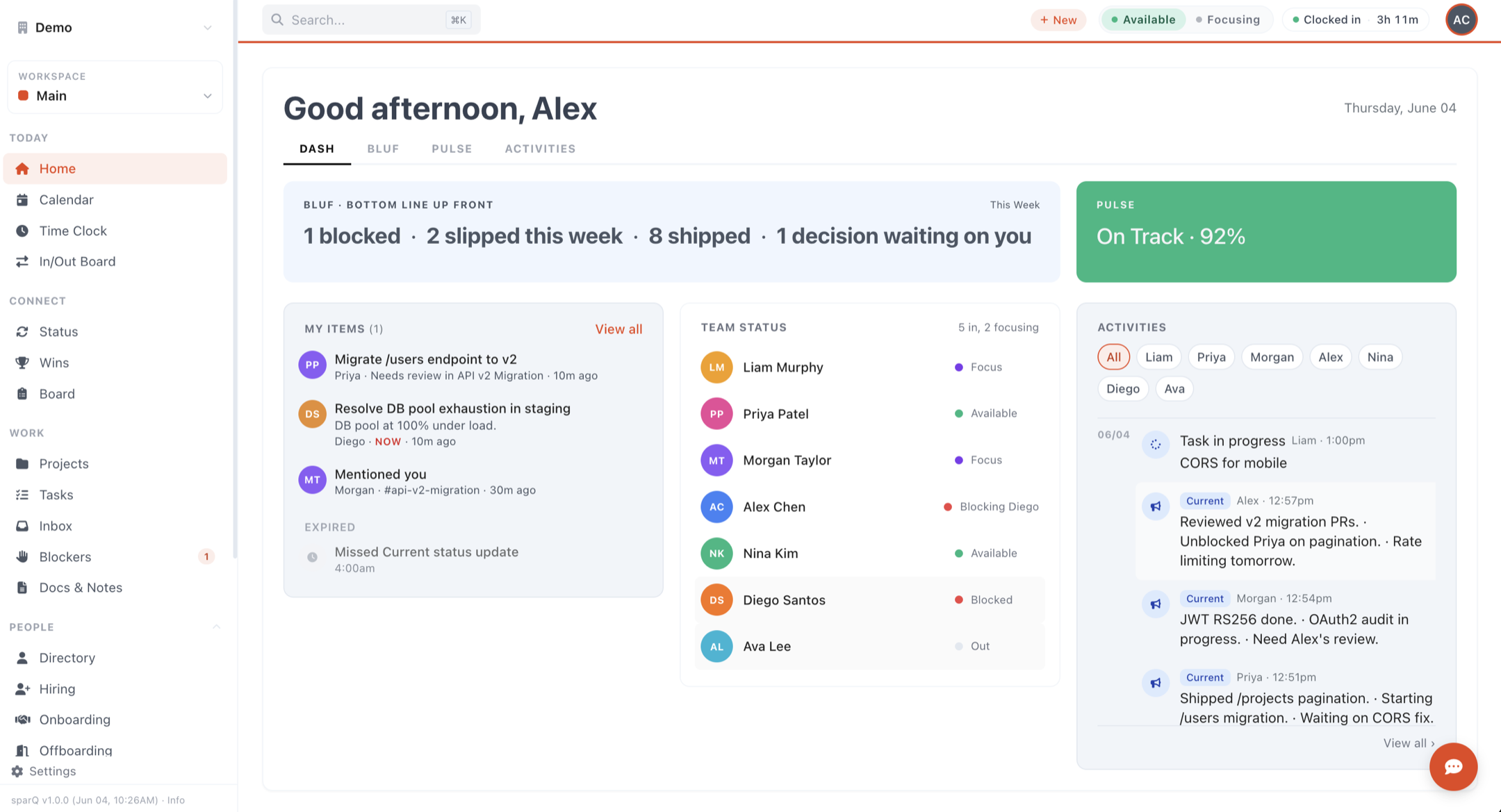 sparQ Pulse dashboard: team status, today's standup, blockers, and the activity feed