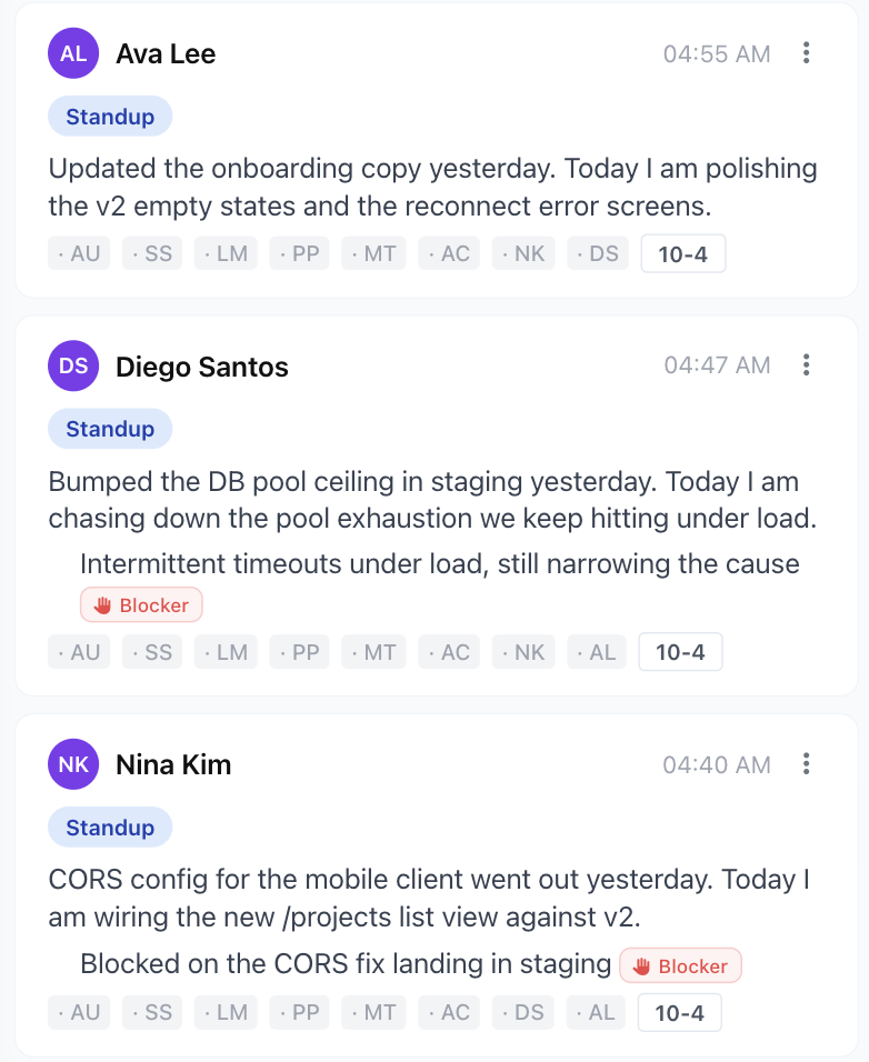 sparQ Pulse async standups: what each teammate shipped and is doing today, with blockers tagged inline